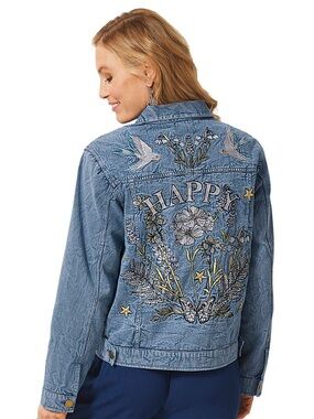 The Pyramid Collection Blue Happy Embroidered Denim Jacket Butterflies Flowers